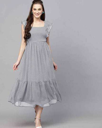 Long Trending Georgette Butti Gown with Frill Sleeves - Rosepetals Luxe