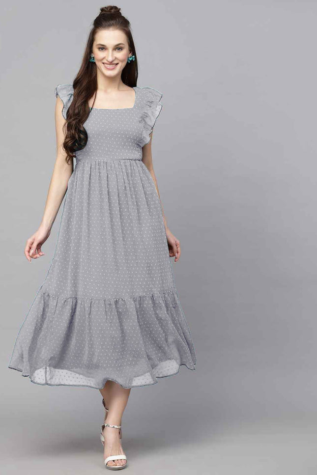 Long Trending Georgette Butti Gown with Frill Sleeves - Rosepetals Luxe