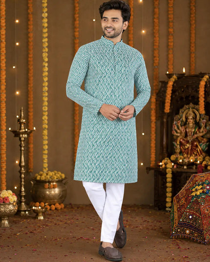 Lucknowi Chikankari Men’s Cotton Kurta | Handcrafted Traditional Ethnic Kurta for Festive, Wedding & Occasion Wear - Rosepetals Luxe