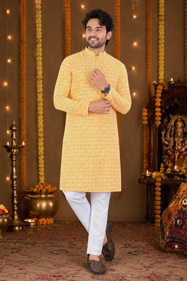 Lucknowi Chikankari Men’s Cotton Kurta | Handcrafted Traditional Ethnic Kurta for Festive, Wedding & Occasion Wear - Rosepetals Luxe
