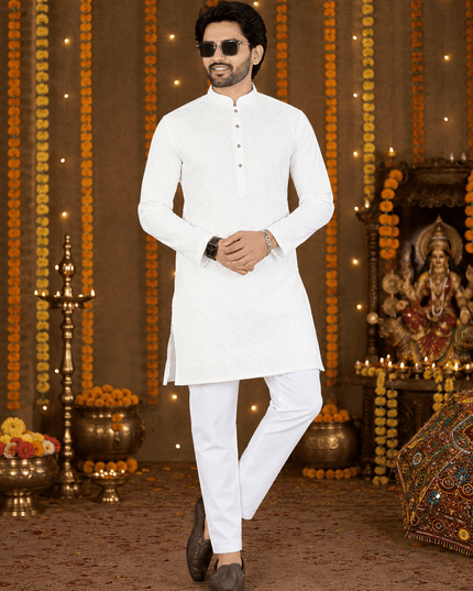 Lucknowi Chikankari Men’s Cotton Kurta | Handcrafted Traditional Ethnic Kurta for Festive, Wedding & Occasion Wear - Rosepetals Luxe