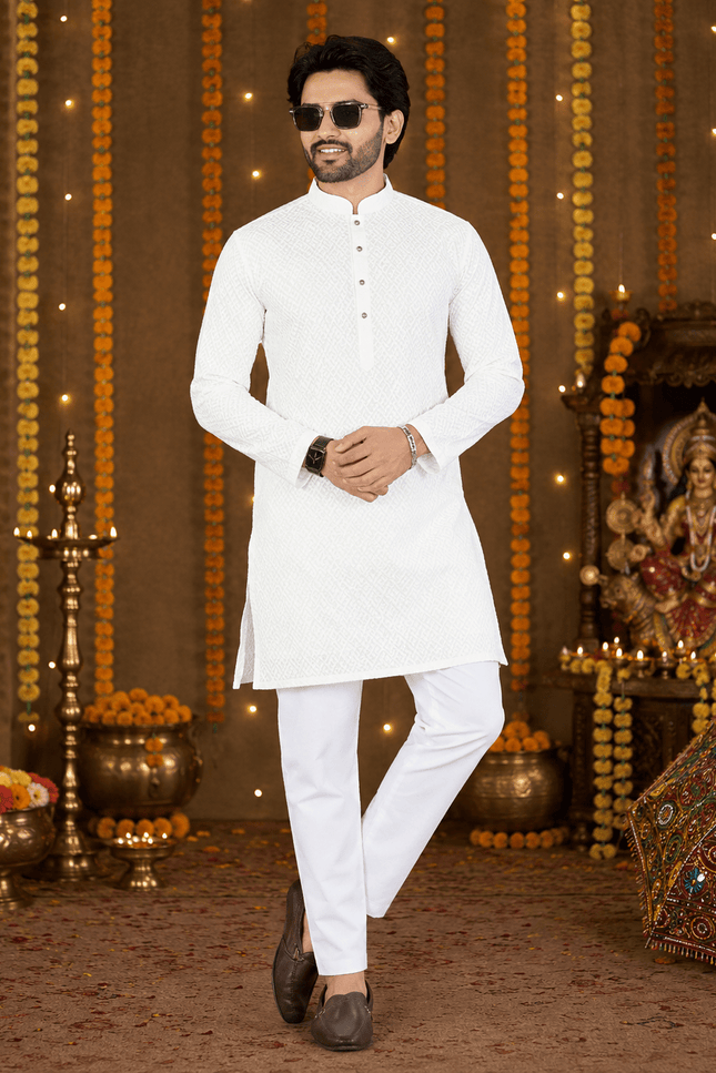 Lucknowi Chikankari Men’s Cotton Kurta | Handcrafted Traditional Ethnic Kurta for Festive, Wedding & Occasion Wear - Rosepetals Luxe