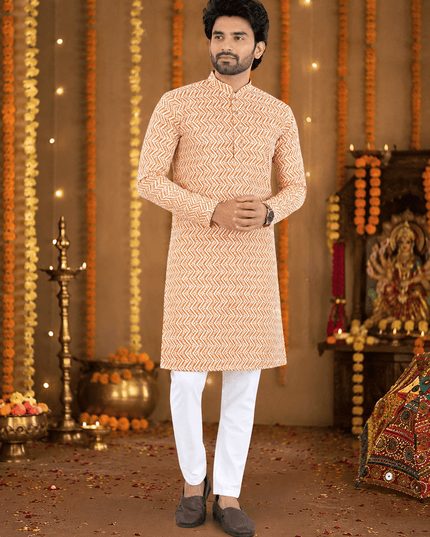 Lucknowi Chikankari Men’s Cotton Kurta | Handcrafted Traditional Ethnic Kurta for Festive, Wedding & Occasion Wear - Rosepetals Luxe