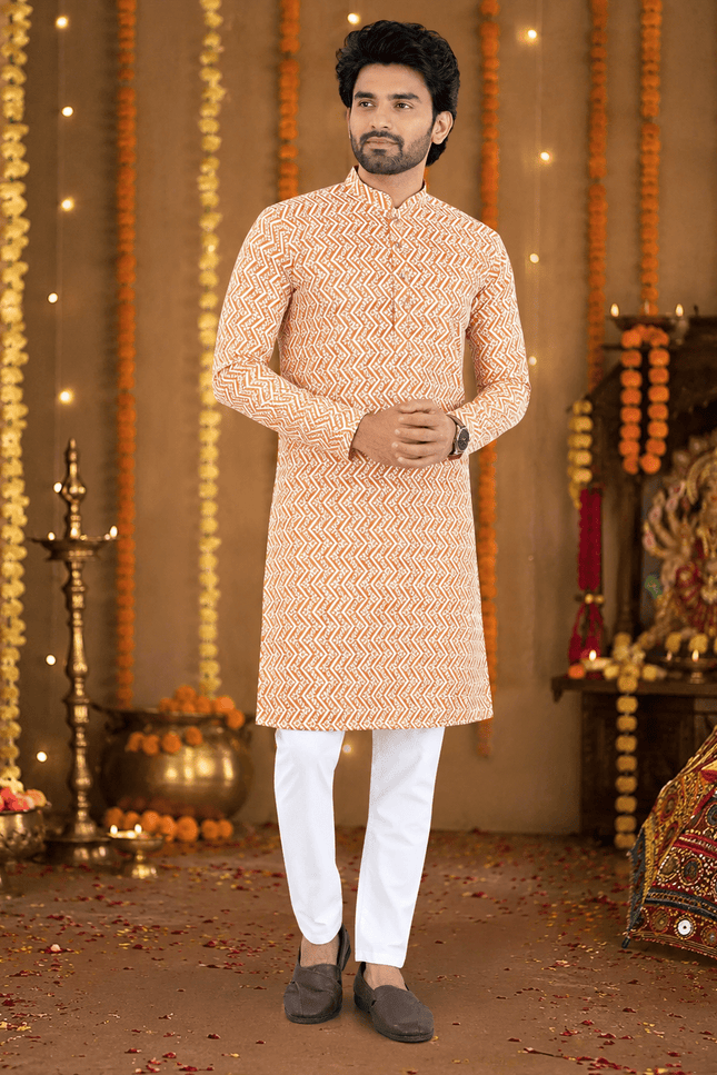 Lucknowi Chikankari Men’s Cotton Kurta | Handcrafted Traditional Ethnic Kurta for Festive, Wedding & Occasion Wear - Rosepetals Luxe
