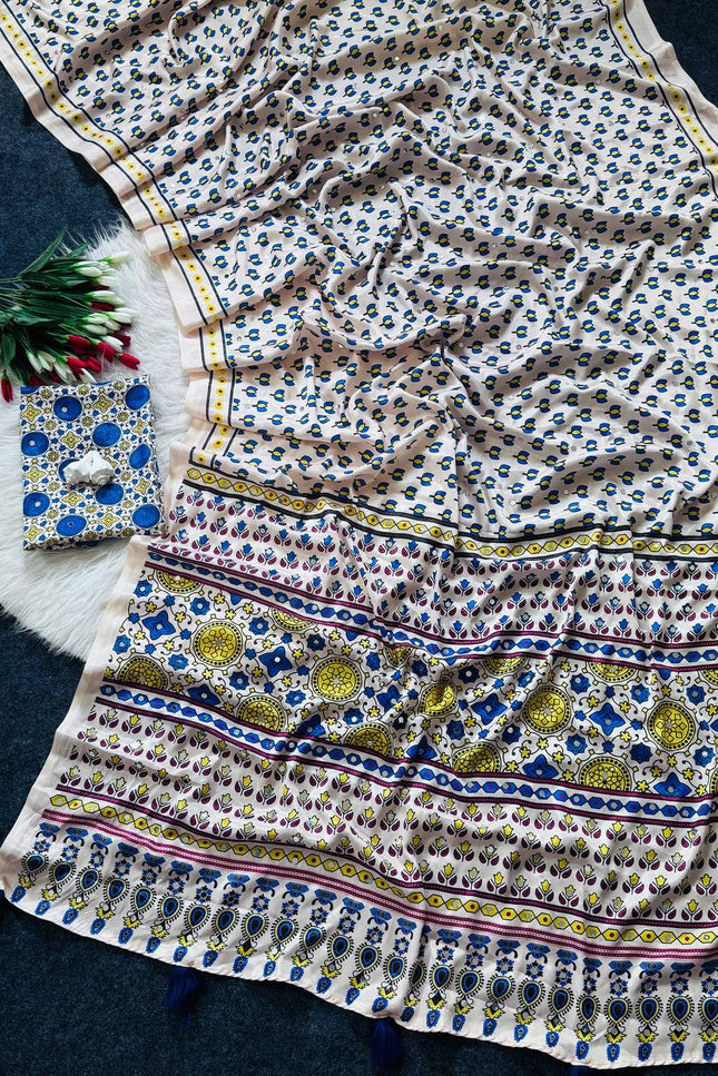 Luxe Ajarakh Mirror Work Saree - Rosepetals Luxe