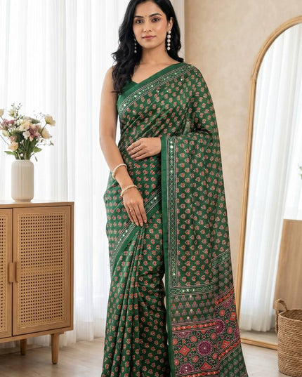 Luxe Ajarakh Mirror Work Saree - Rosepetals Luxe