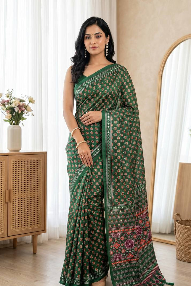 Luxe Ajarakh Mirror Work Saree - Rosepetals Luxe