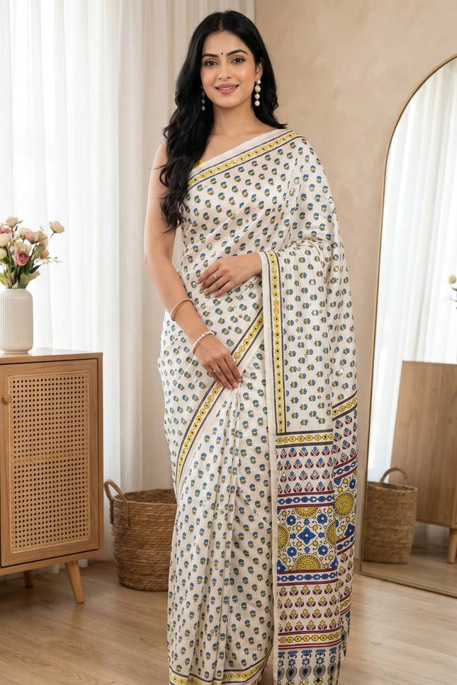 Luxe Ajarakh Mirror Work Saree - Rosepetals Luxe