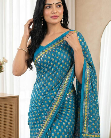 Luxe Ajarakh Mirror Work Saree - Rosepetals Luxe