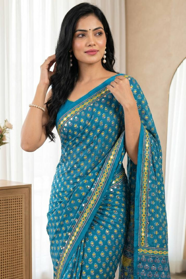 Luxe Ajarakh Mirror Work Saree - Rosepetals Luxe