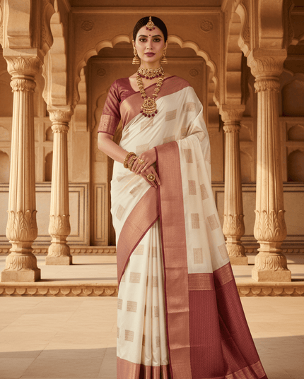 Luxe Silk Embossed Saree with Contrast Zari Border - Rosepetals Luxe