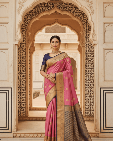 Luxe Silk Embossed Saree with Contrast Zari Border - Rosepetals Luxe