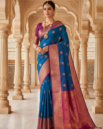 Luxe Silk Embossed Saree with Contrast Zari Border - Rosepetals Luxe
