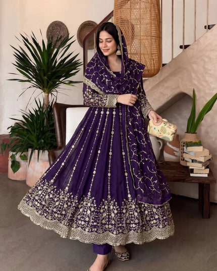 Premium Fandy Silk Embroidered Gown Set with Sequins Work, Matching Pant & Dupatta Ready to Wear Designer Party Wear Ethnic Outfit for Women