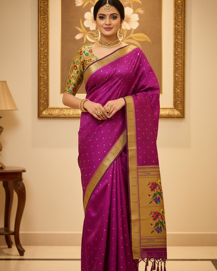 Gauri Muniyaa Paithani Silk Saree | Allover Butti with Meena Zari Blouse - Rosepetals Luxe
