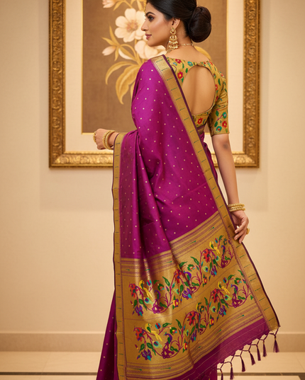 Gauri Muniyaa Paithani Silk Saree | Allover Butti with Meena Zari Blouse - Rosepetals Luxe