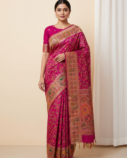 Hand-Dyed Rajwadi Pashmina Silk Saree with Kashmiri Thread-Woven Pallu & Zari Border - Rosepetals Luxe