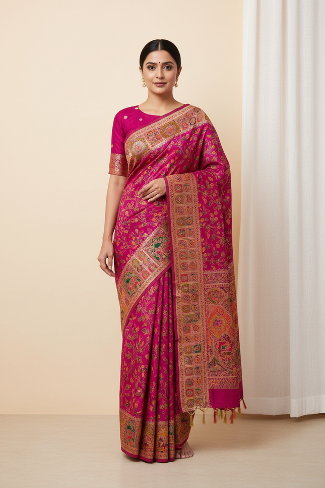 Hand-Dyed Rajwadi Pashmina Silk Saree with Kashmiri Thread-Woven Pallu & Zari Border - Rosepetals Luxe