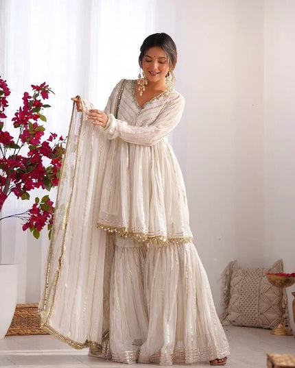Mal Chanderi Mirror Work Sharara Set | Fully Stitched - Rosepetals Luxe