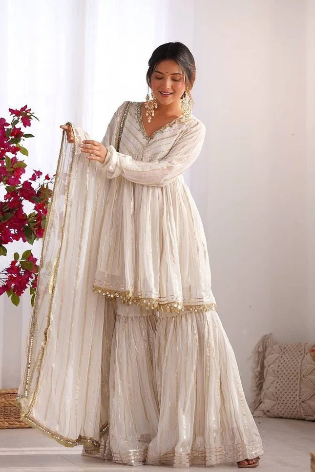 Mal Chanderi Mirror Work Sharara Set | Fully Stitched - Rosepetals Luxe