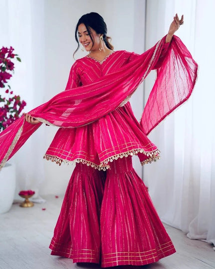 Mal Chanderi Mirror Work Sharara Set | Fully Stitched - Rosepetals Luxe
