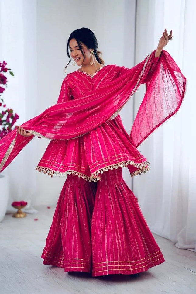 Mal Chanderi Mirror Work Sharara Set | Fully Stitched - Rosepetals Luxe