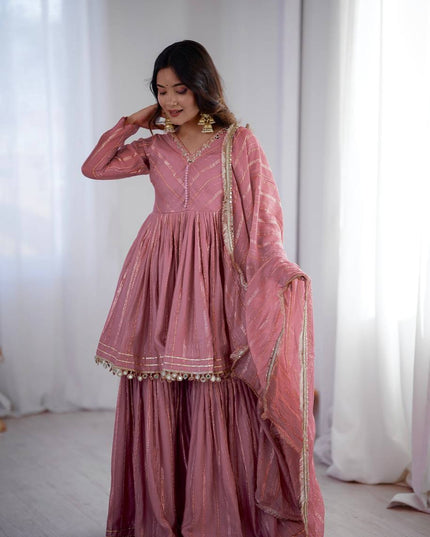 Mal Chanderi Mirror Work Sharara Set | Fully Stitched - Rosepetals Luxe