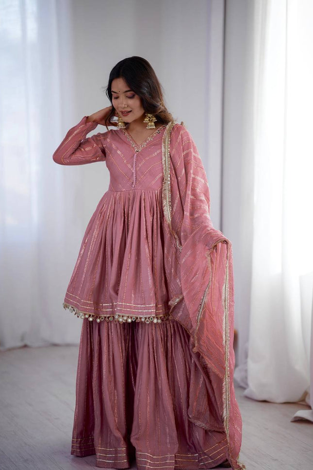 Mal Chanderi Mirror Work Sharara Set | Fully Stitched - Rosepetals Luxe