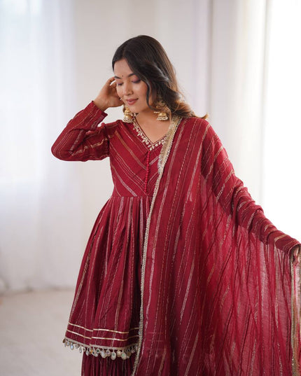 Mal Chanderi Mirror Work Sharara Set | Fully Stitched - Rosepetals Luxe