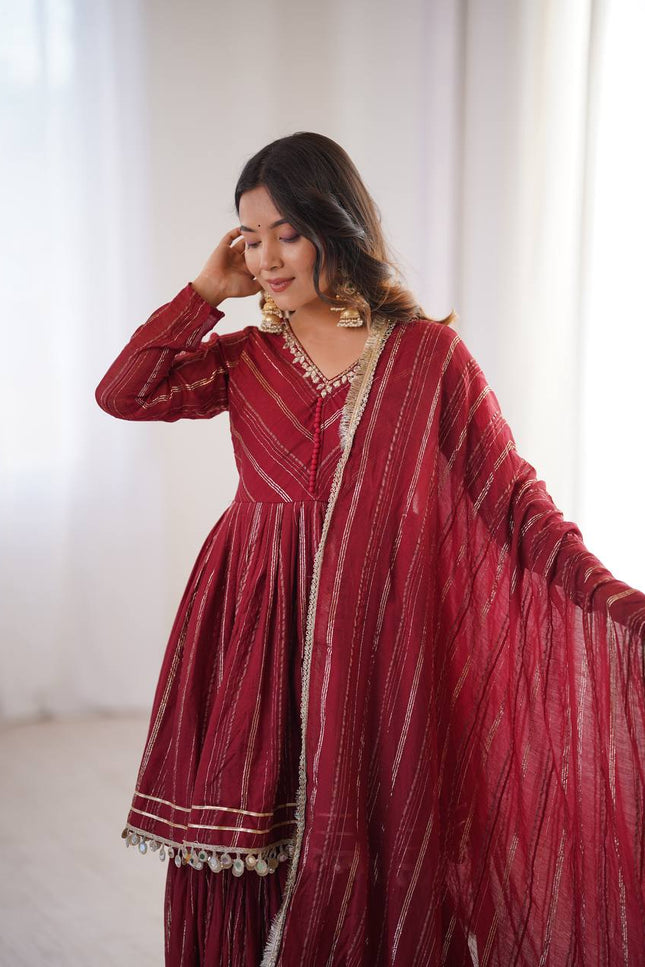 Mal Chanderi Mirror Work Sharara Set | Fully Stitched - Rosepetals Luxe