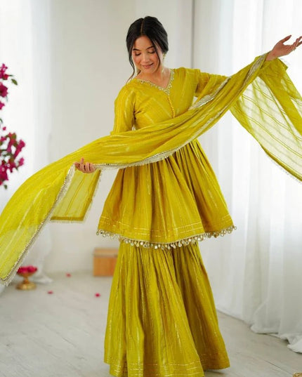 Mal Chanderi Mirror Work Sharara Set | Fully Stitched - Rosepetals Luxe