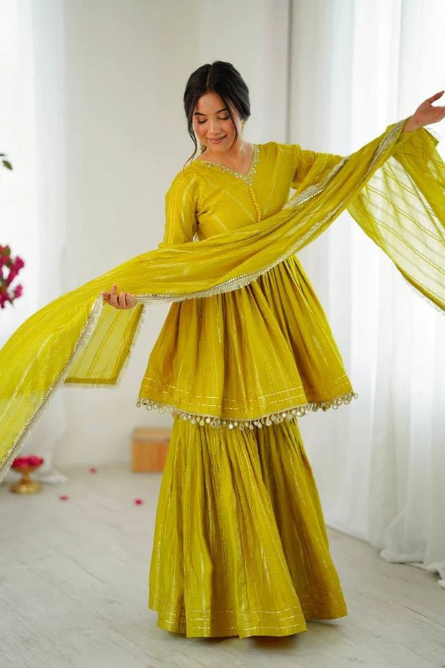Mal Chanderi Mirror Work Sharara Set | Fully Stitched - Rosepetals Luxe