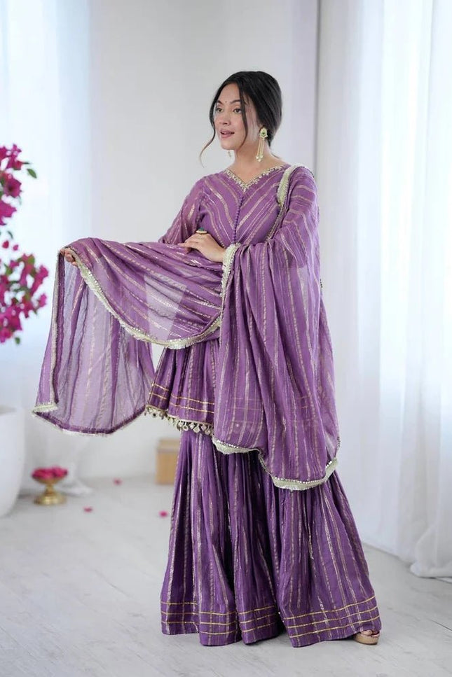 Mal Chanderi Mirror Work Sharara Set | Fully Stitched - Rosepetals Luxe