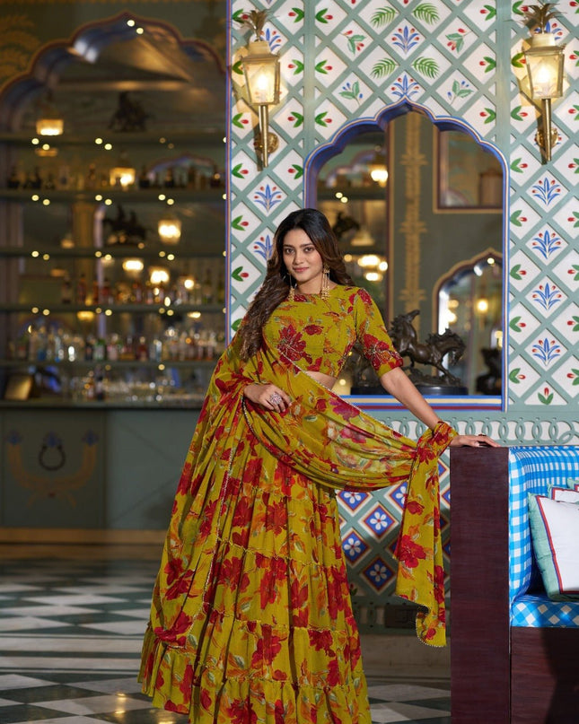 Marble Fabric Floral Printed Lehenga Set | Festive & Party Wear - Rosepetals Luxe