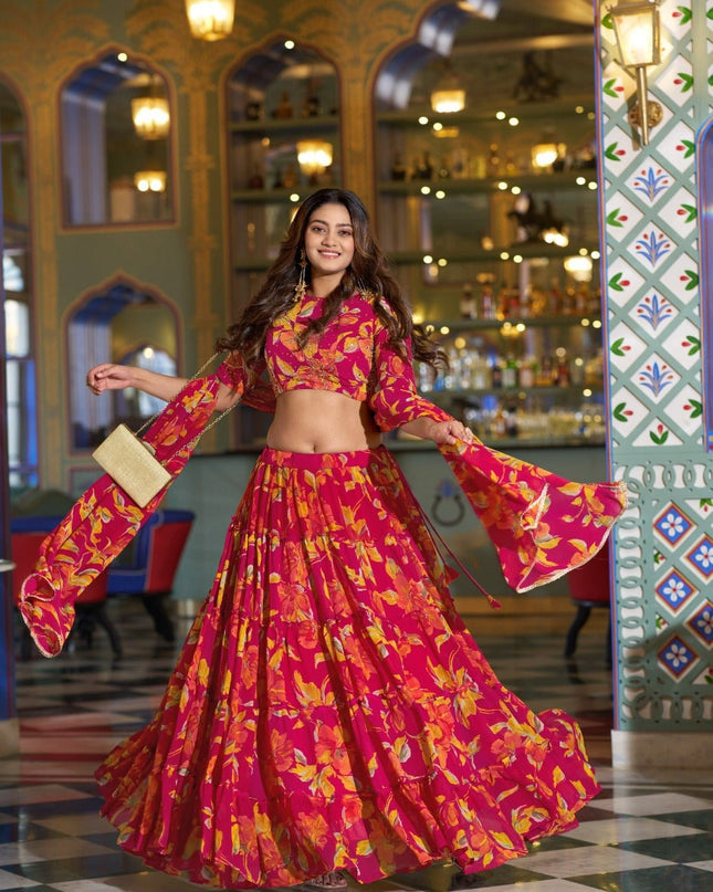 Marble Fabric Floral Printed Lehenga Set | Festive & Party Wear - Rosepetals Luxe