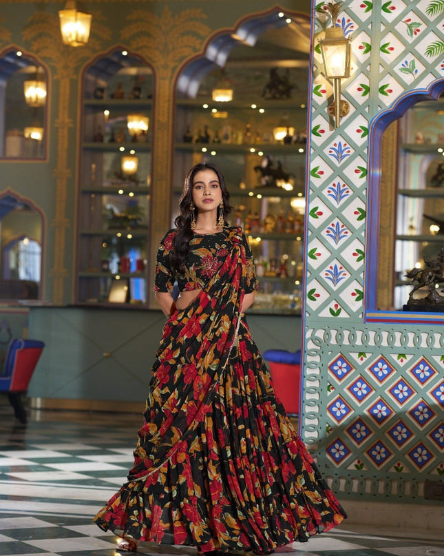 Marble Fabric Floral Printed Lehenga Set | Festive & Party Wear - Rosepetals Luxe