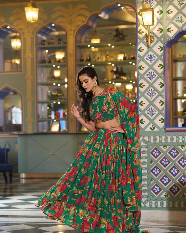 Marble Fabric Floral Printed Lehenga Set | Festive & Party Wear - Rosepetals Luxe