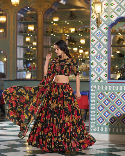 Marble Fabric Floral Printed Lehenga Set | Festive & Party Wear - Rosepetals Luxe