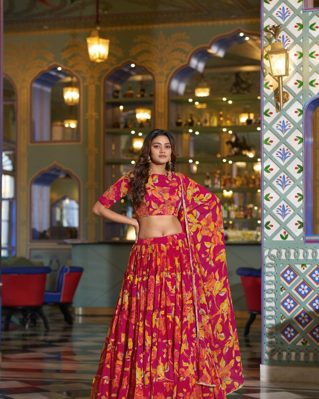 Marble Fabric Floral Printed Lehenga Set | Festive & Party Wear - Rosepetals Luxe