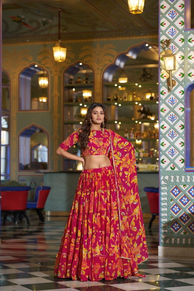 Marble Fabric Floral Printed Lehenga Set | Festive & Party Wear - Rosepetals Luxe