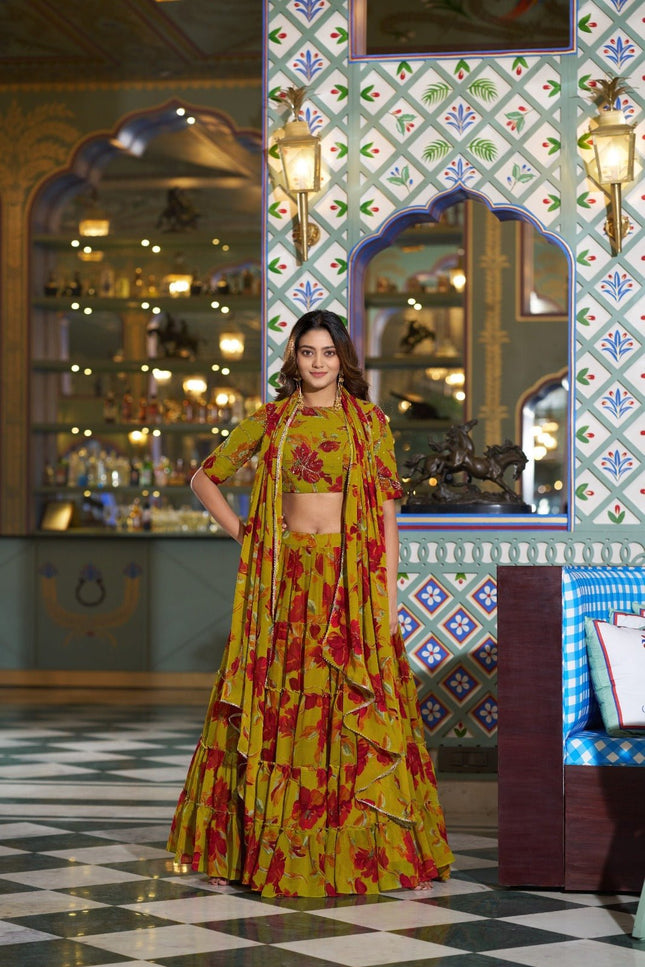 Marble Fabric Floral Printed Lehenga Set | Festive & Party Wear - Rosepetals Luxe