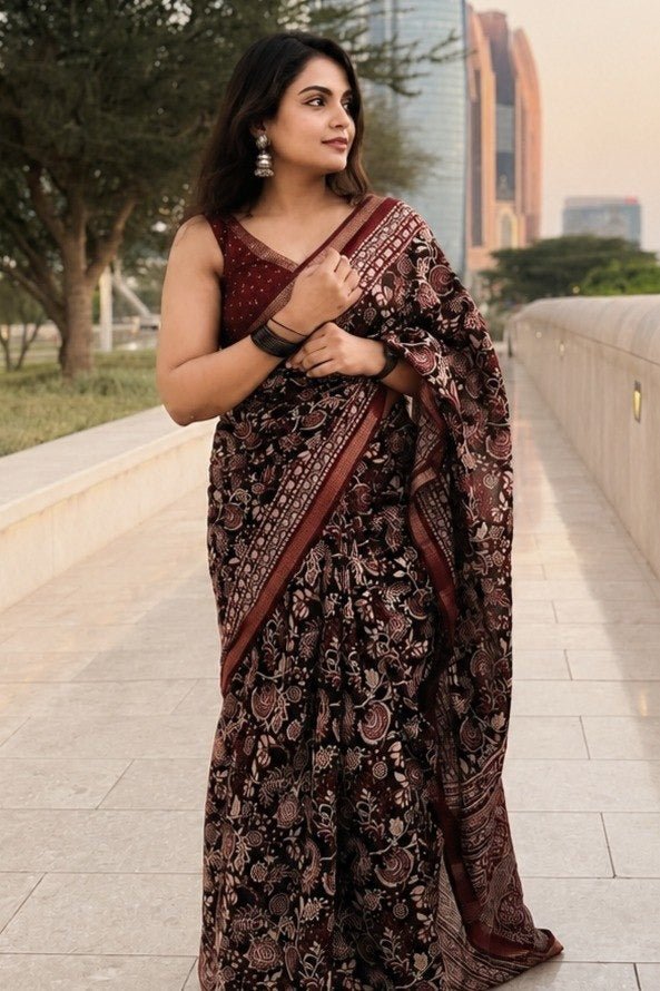 Maroon & Black Kalamkari Silk Cotton Saree with Blouse - Rosepetals Luxe