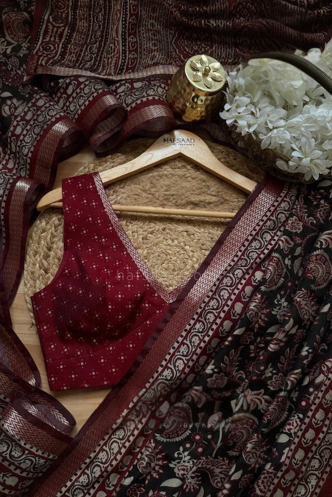 Maroon & Black Kalamkari Silk Cotton Saree with Blouse - Rosepetals Luxe