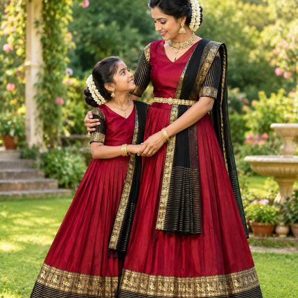 Maroon & Black Mother-Daughter Lehenga Choli Set with Voni | South Indian Festive Twinning - Rosepetals Luxe