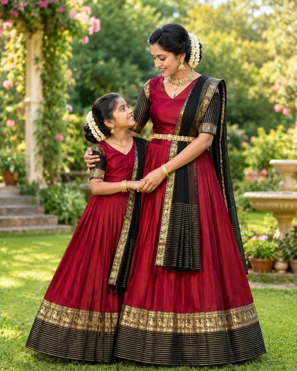 Maroon & Black Mother-Daughter Lehenga Choli Set with Voni | South Indian Festive Twinning - Rosepetals Luxe