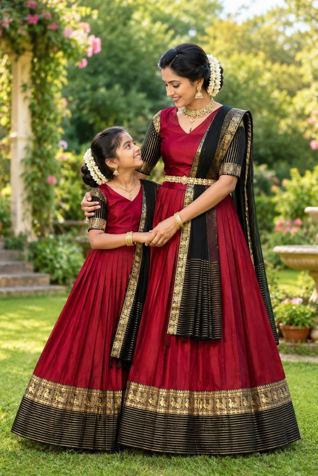 Maroon & Black Mother-Daughter Lehenga Choli Set with Voni | South Indian Festive Twinning - Rosepetals Luxe