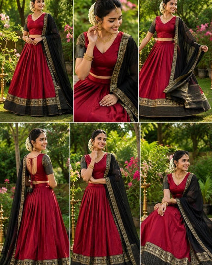 Maroon & Black Mother-Daughter Lehenga Choli Set with Voni | South Indian Festive Twinning - Rosepetals Luxe