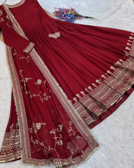 Maroon Faux Blooming Zari Sequins Embroidery Gown with Dupatta | Fully Stitched - Rosepetals Luxe