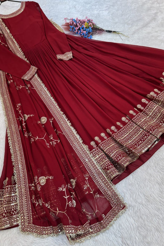 Maroon Faux Blooming Zari Sequins Embroidery Gown with Dupatta | Fully Stitched - Rosepetals Luxe