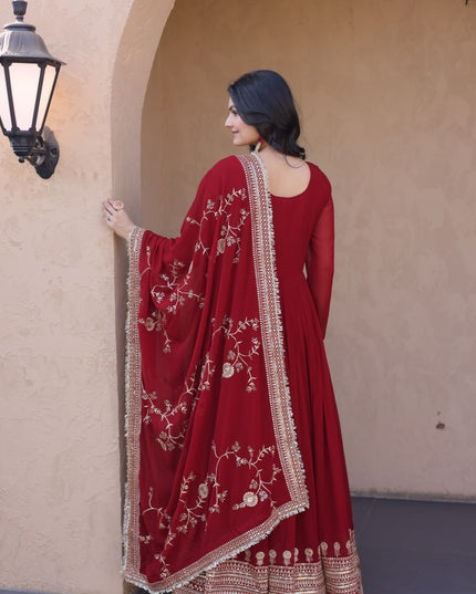 Maroon Faux Blooming Zari Sequins Embroidery Gown with Dupatta | Fully Stitched - Rosepetals Luxe